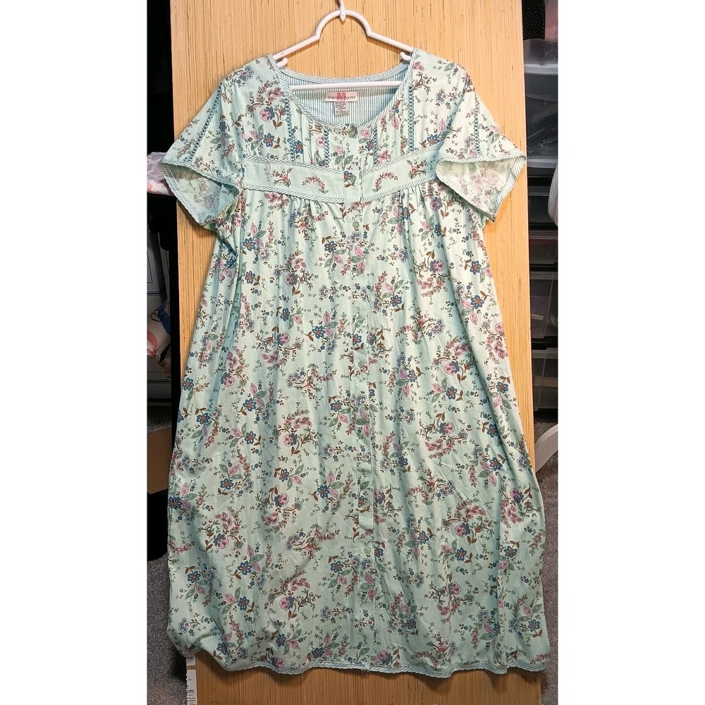 Maidenform Large Ladies Pale Green Floral Cotton Blend Full Length Summer Nights
